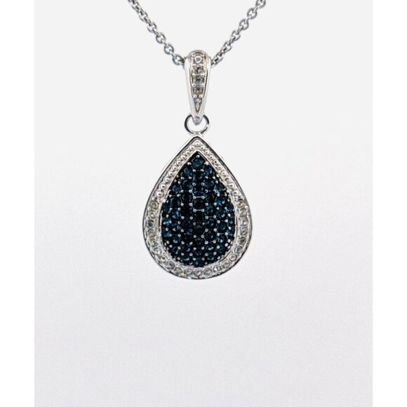 Designer Jewelry - Sterling Silver Teardrop Pendant Necklace Blue & White Stones 18” 7.7g